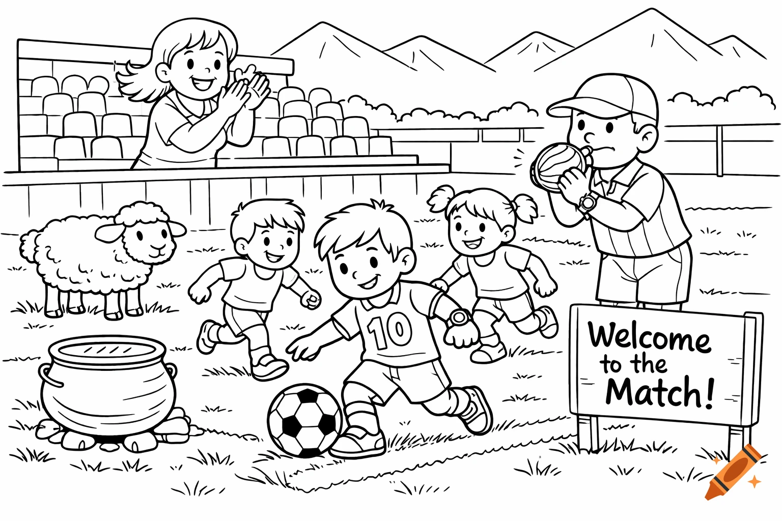 Black and white line drawing for a children's coloring book showing a soccer match. Children play soccer, a referee holds a melon-shaped whistle, a woman claps in stadium stands, a sheep and a pot are on the field, and mountains are in the background.