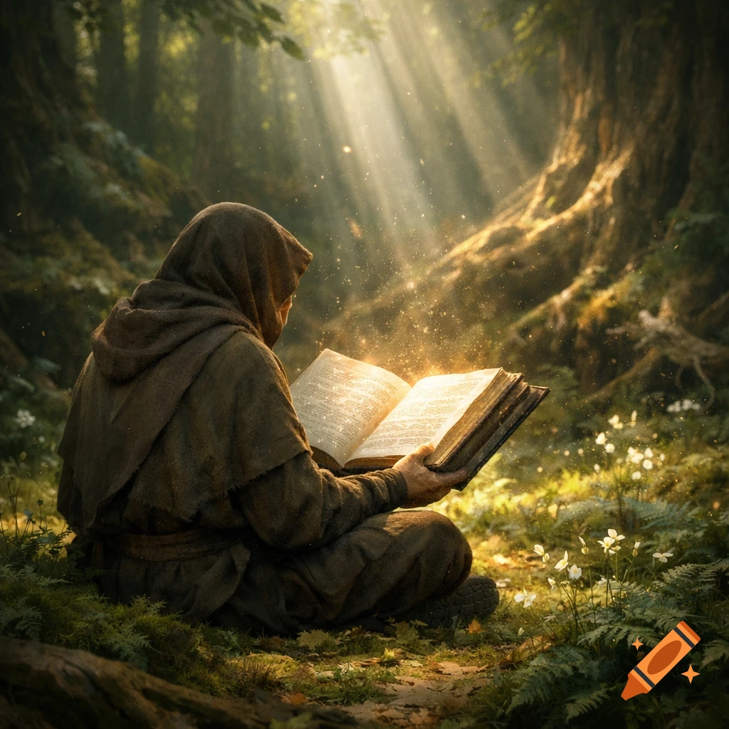 A robed figure sits cross-legged in a sun-dappled forest, reading an illuminated open book in a photorealistic style.