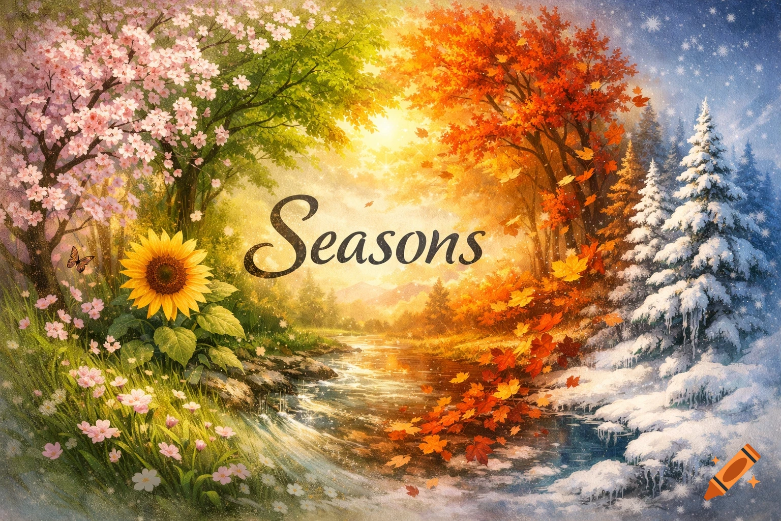 Vibrant fantasy landscape where spring, summer, autumn, and winter scenes merge, featuring a river and the word 'Seasons'.