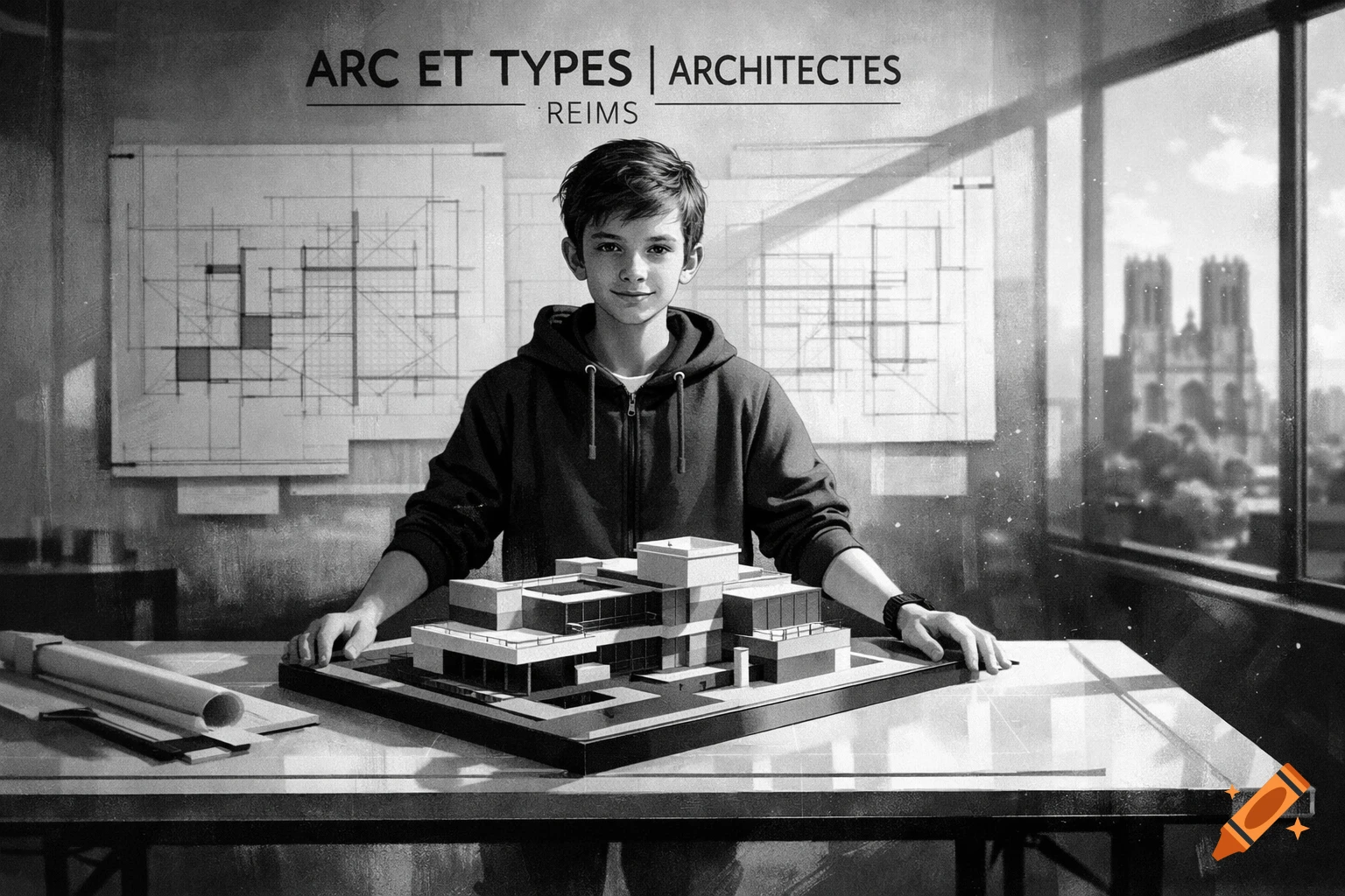 Black and white image of a young boy in a hoodie presenting an architectural model on a desk, with blueprints and a city view behind him.