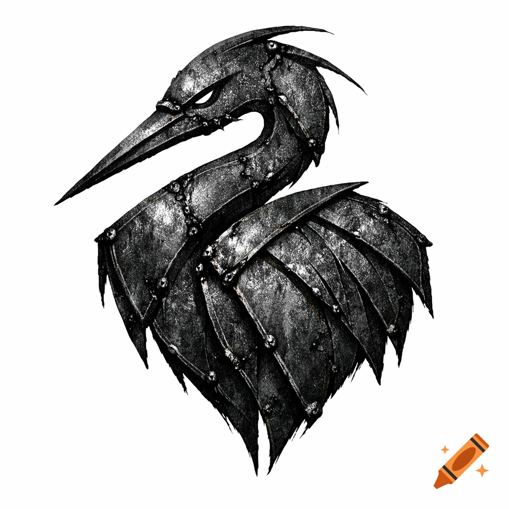 A minimalist stylized heron logo made of dark, rusty welded sheet metal, with a sharp beak and folded wings, on a white background.