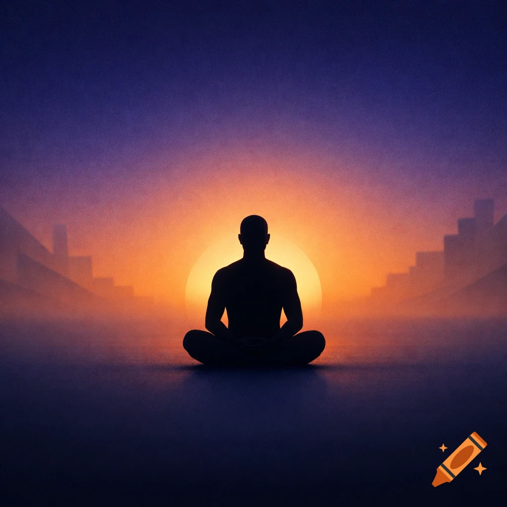 Silhouette of a person meditating in lotus position against a glowing orange sunset with purple sky and abstract structures.