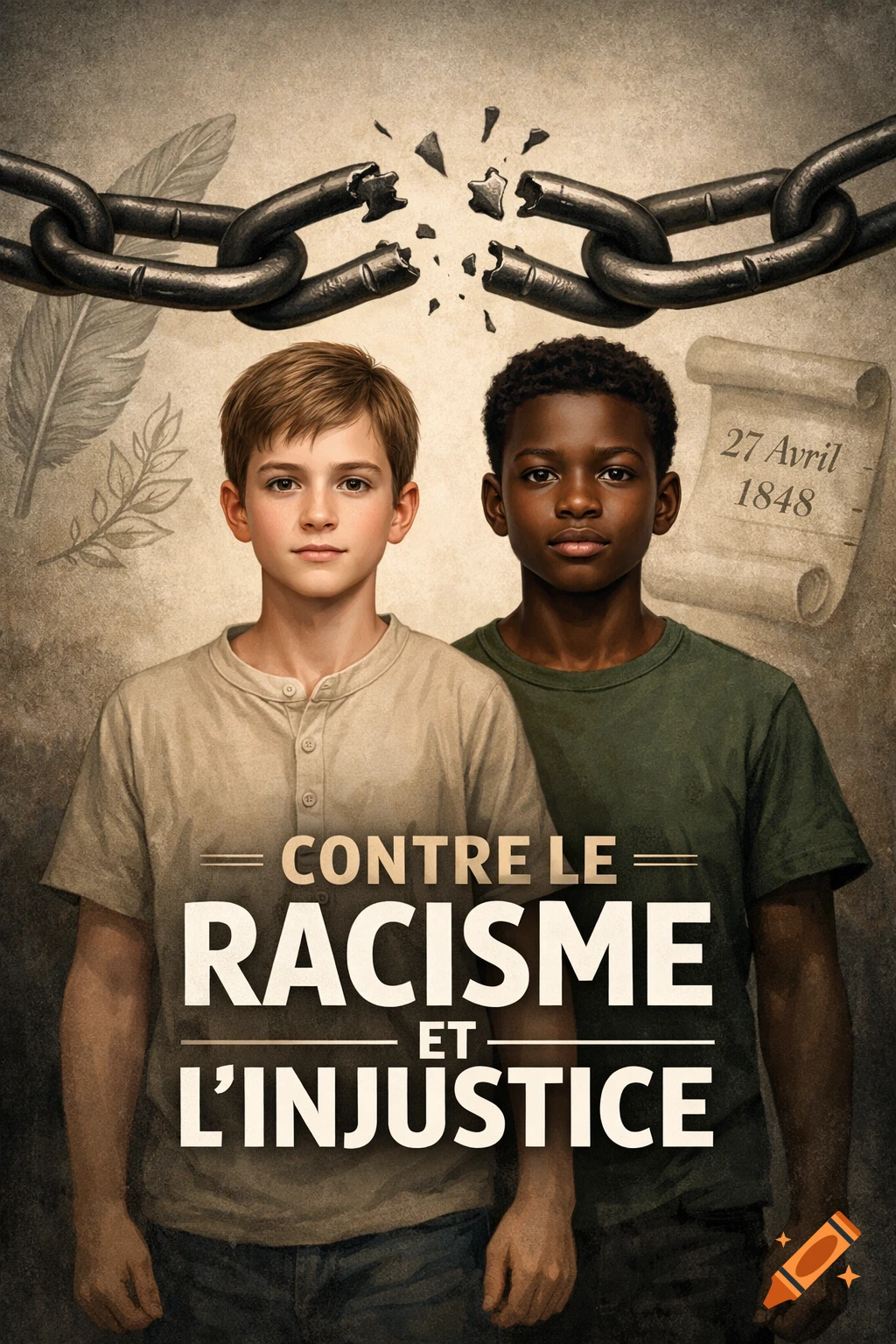 Illustration of two boys, one white, one black, standing under a broken chain. Text reads 'CONTRE LE RACISME ET L'INJUSTICE' and '27 Avril 1848'.