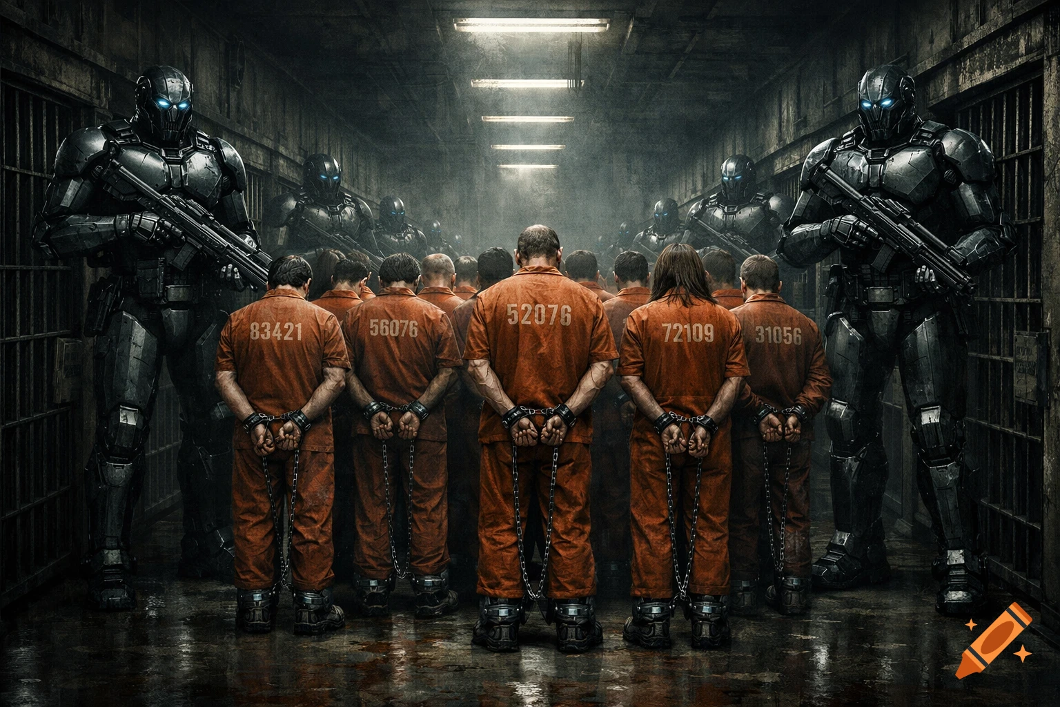 Dystopian scene in a dark prison corridor with menacing robotic guards overseeing human prisoners in orange jumpsuits, hands and feet shackled, in a photorealistic style.