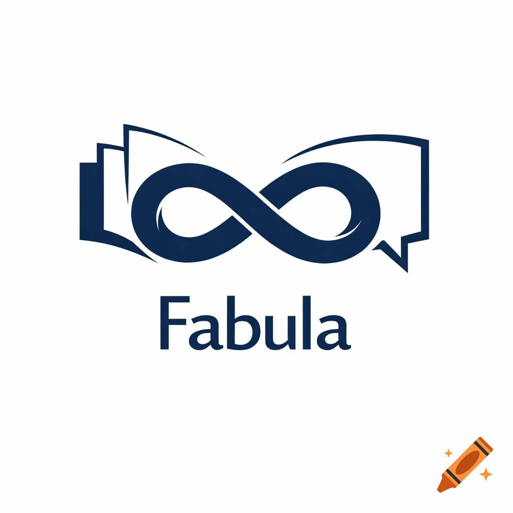 A dark blue minimalist logo for Fabula, featuring an infinity symbol flanked by stylized pages and a speech bubble.