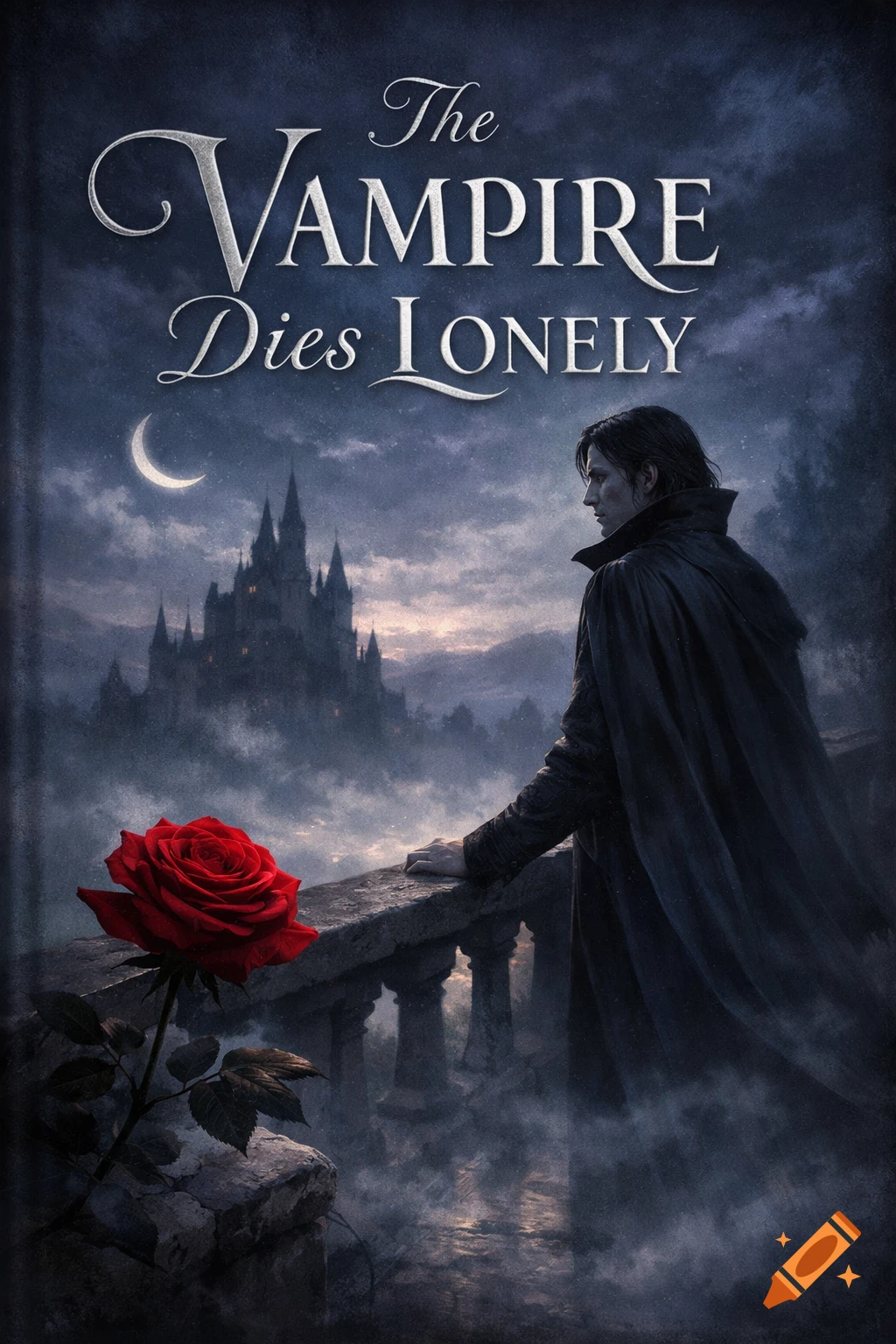 A man in a dark cloak on a stone balcony, a red rose in the foreground, gazes at a gothic castle under a crescent moon. Text reads 'The Vampire Dies Lonely'.