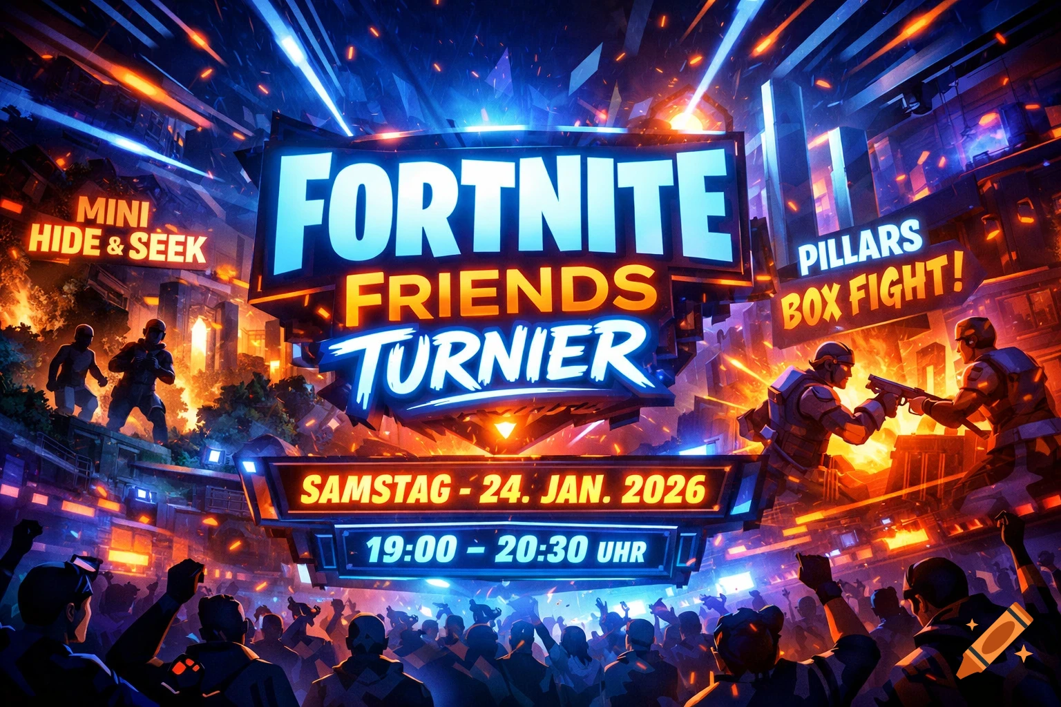 A vibrant, futuristic event poster for a Fortnite Friends Tournament with glowing blue and orange text, showing players and a crowd in an arena setting. Text includes 'Mini Hide & Seek', 'Pillars Box Fight!', 'Samstag - 24. Jan. 2026', and '19:00 - 20:30 Uhr'.