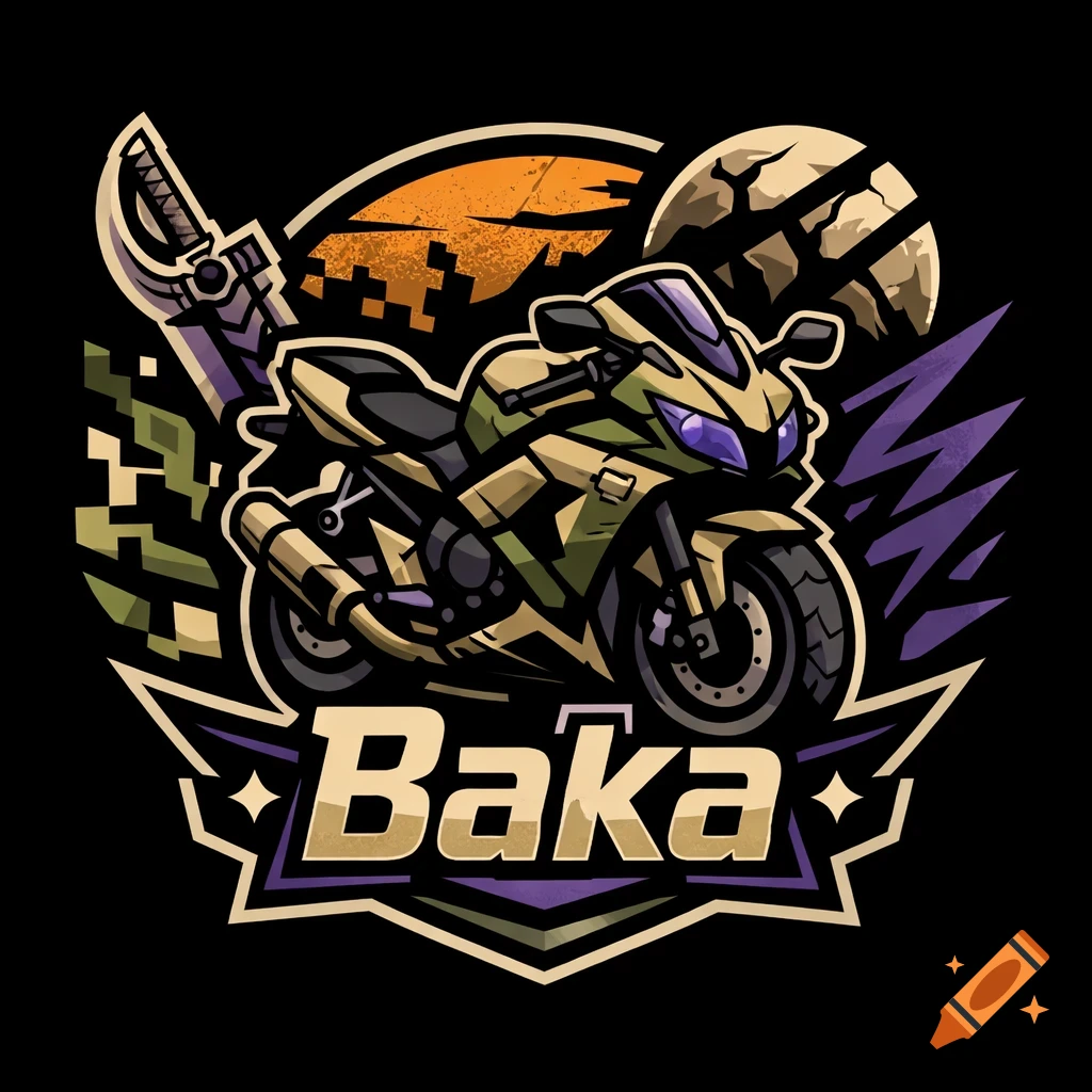 Stylized logo with a camouflage motorcycle, sword, and text 'Baka' on a black background with orange and purple elements.