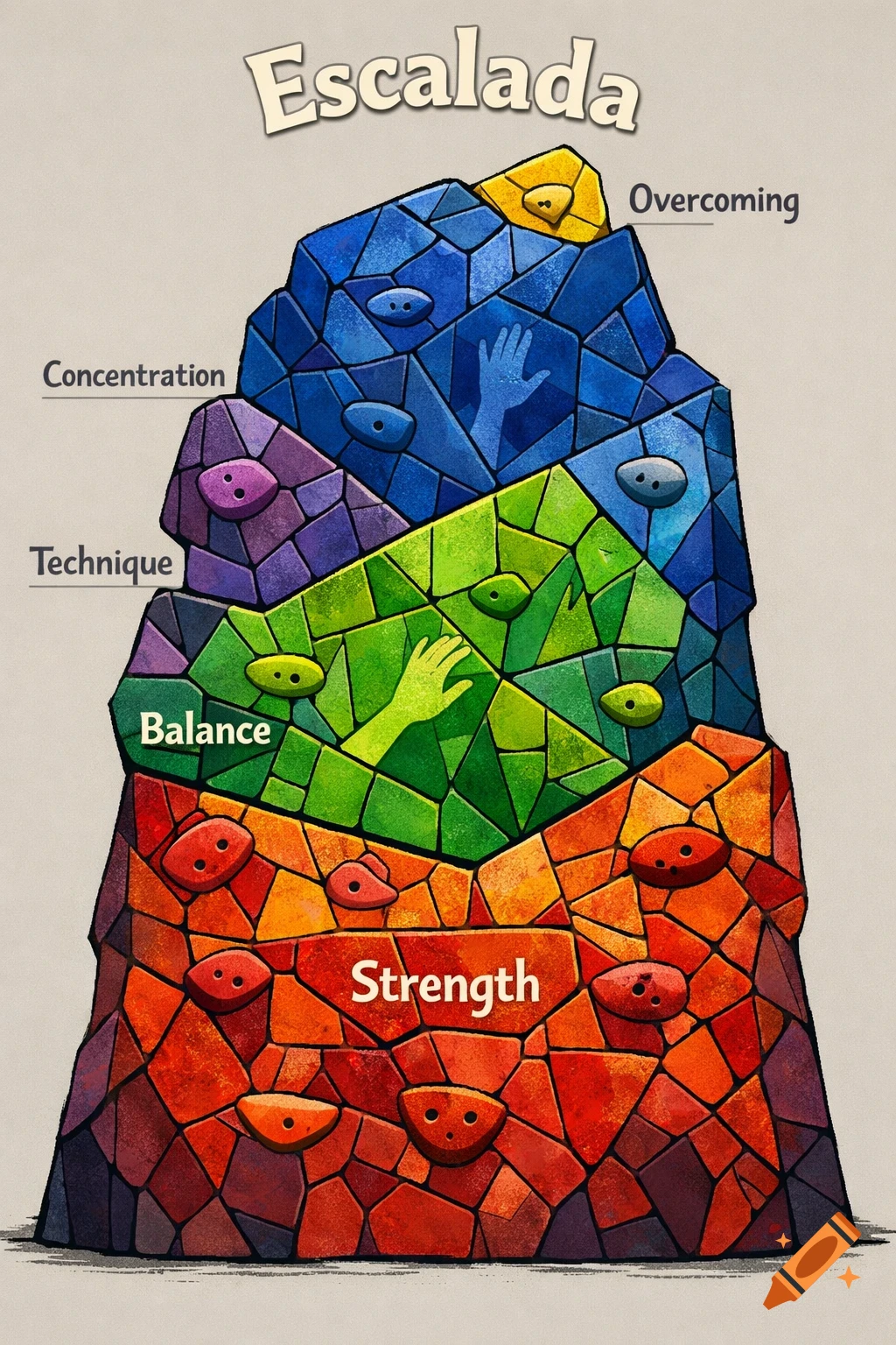 A stylized illustration of a rock climbing wall, segmented by color into five parts labeled Strength, Balance, Technique, Concentration, and Overcoming, with the title "Escalada" above.