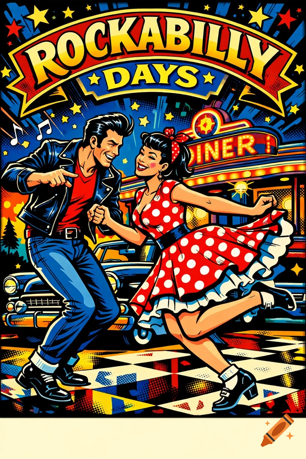 Vibrant pop art illustration of a rockabilly couple dancing in front of a diner and a car, with a 'ROCKABILLY DAYS' banner above.