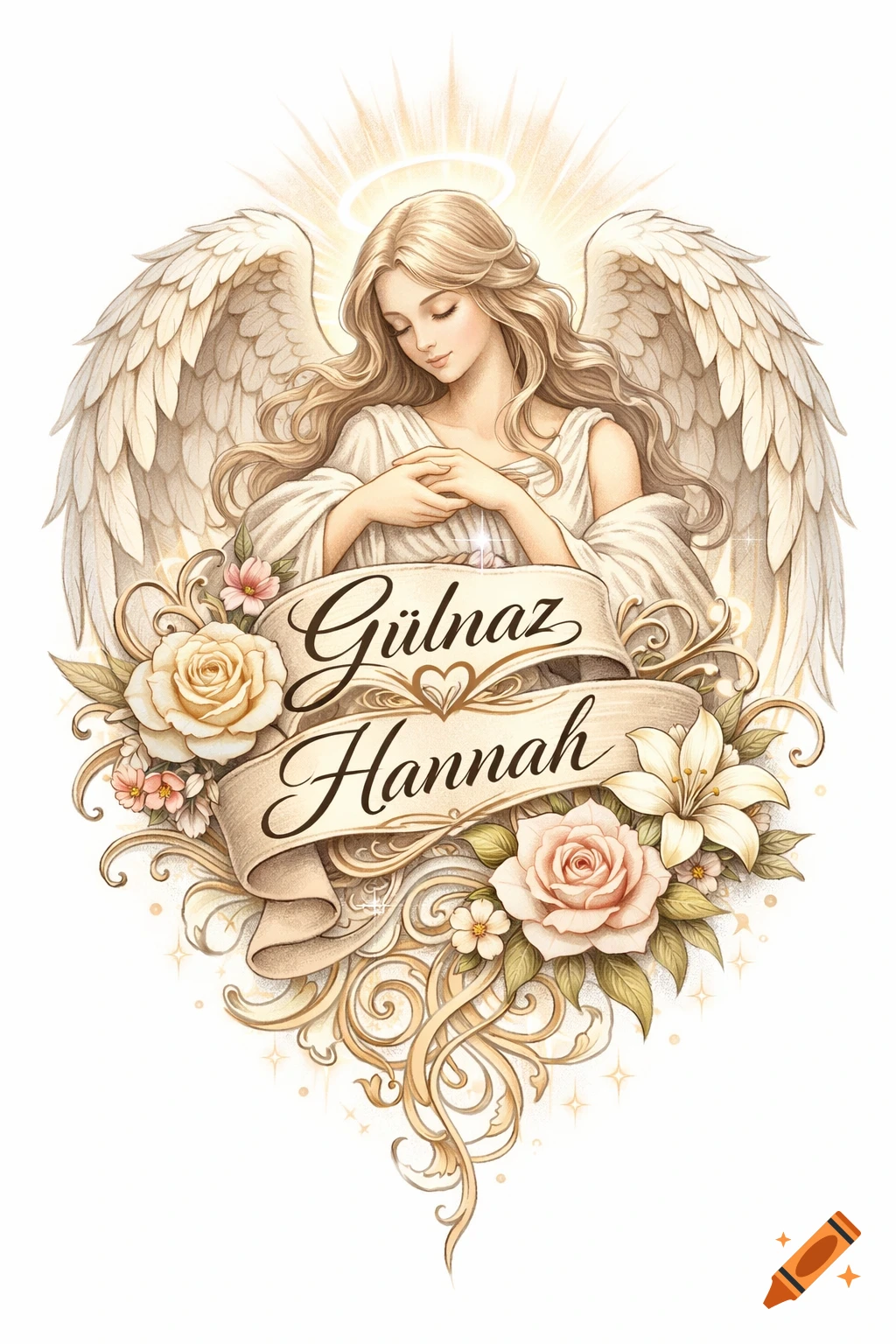 Elegant tattoo design of an angel with 'Gülnaz Hannah' on a banner, surrounded by roses and lilies, in a delicate art style.