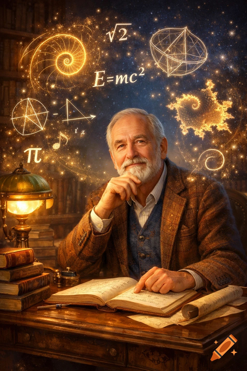 A distinguished man with a white beard sits at a wooden desk with an open book, surrounded by glowing mathematical symbols and scientific diagrams in a dark, starry backdrop.