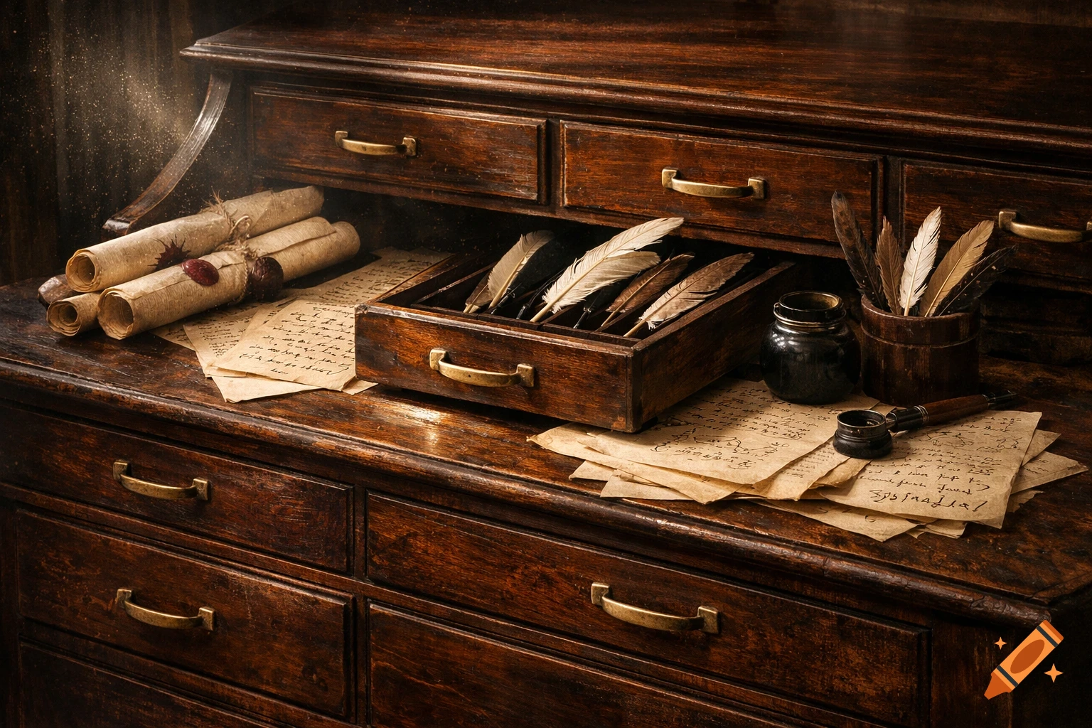 A dark, polished wooden secretary desk with quills, ink, rolled parchments with wax seals, and scattered handwritten papers. Photorealistic still life.