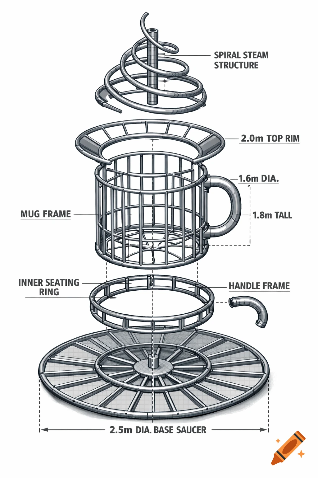 An exploded structural diagram of a giant steel coffee mug sculpture, showing a spiral steam structure, mug frame, handle frame, inner seating ring, and base saucer with dimensions.