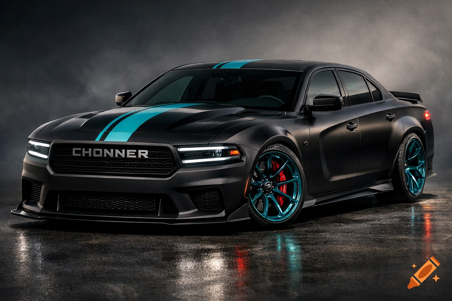 A matte black custom CHONNER four-door muscle car with turquoise racing stripes and rims, and red brake calipers, on a wet surface.