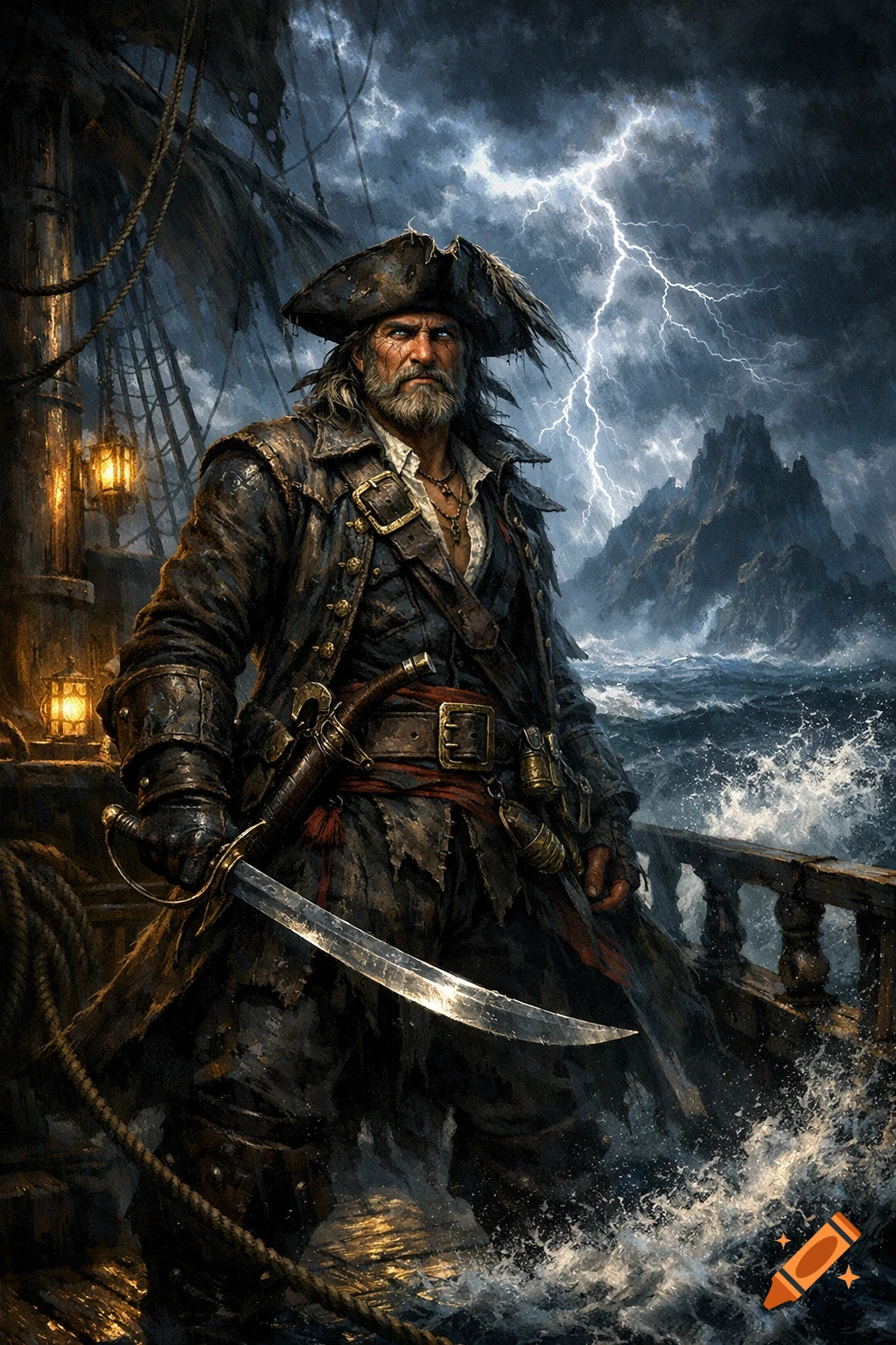 A rugged pirate captain with a beard stands on a ship's deck during a stormy night with lightning in the background, holding a cutlass.