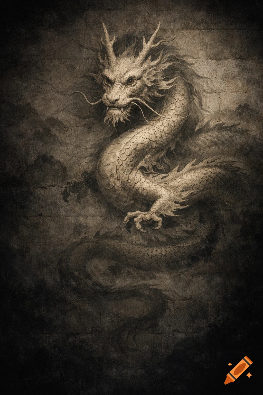 A traditional Chinese dragon with a serpentine body emerges from darkness, depicted as an ancient mural on a textured stone wall.