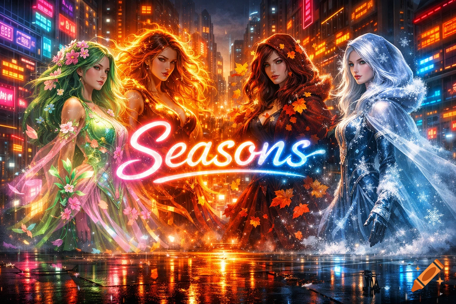 Four women representing seasons, spring, summer, autumn, and winter, stand in a vibrant neon cyberpunk city, with the word 'Seasons'.