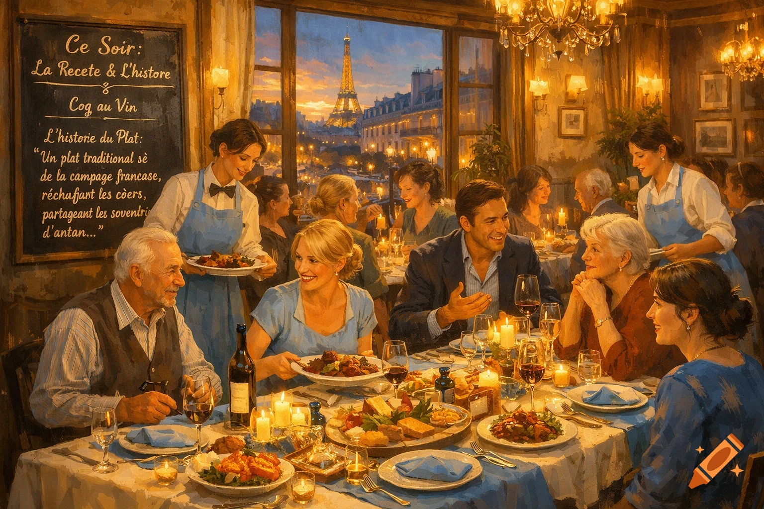 An impressionistic painting of a warmly lit Parisian restaurant with people dining, a waiter serving, and the Eiffel Tower visible outside a window.