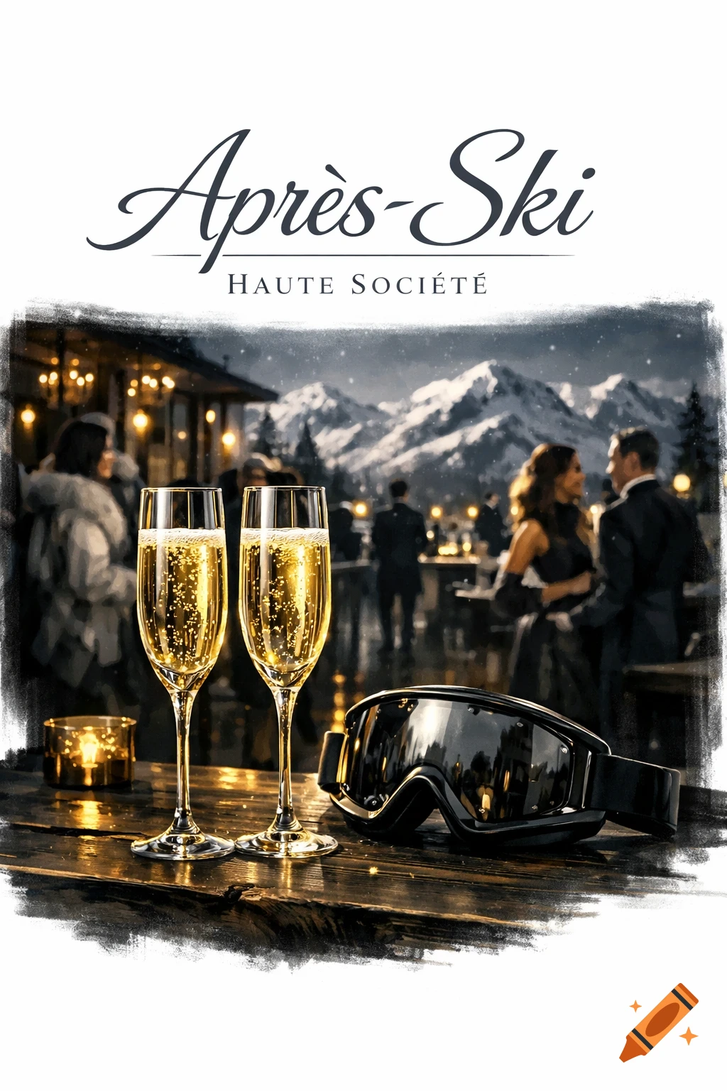 Painterly illustration of two champagne glasses and ski goggles on a table with 'Après-Ski Haute Société' text, against a snowy mountain and party background.