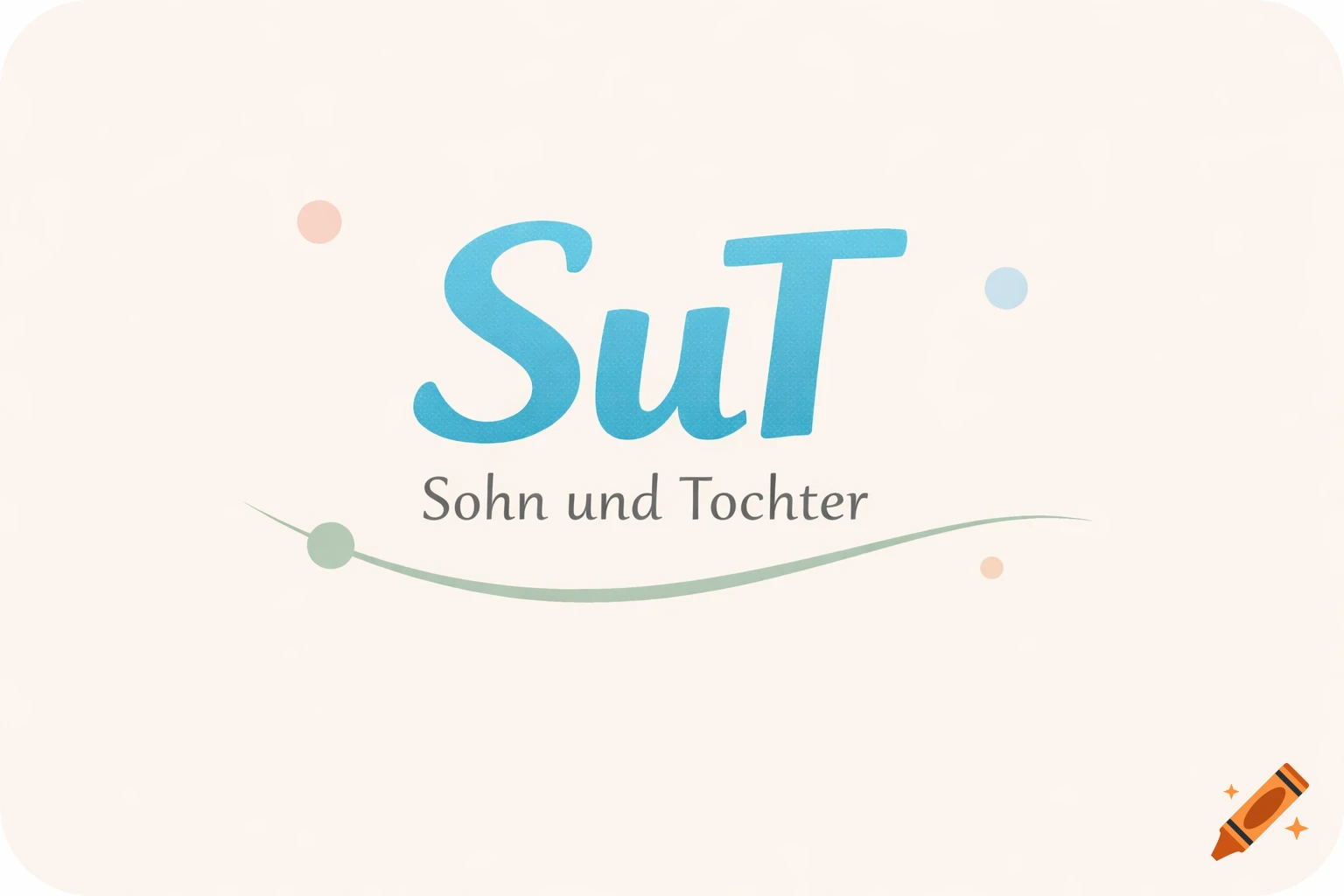 A clean logo with large blue text "SuT" above smaller gray text "Sohn und Tochter", set on a light background with subtle colored dots and a green curved line.