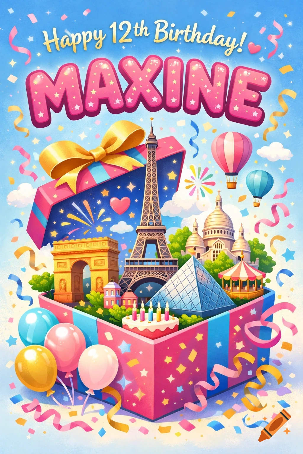 Whimsical birthday card with 'Happy 12th Birthday! MAXINE' text, showing Paris landmarks, balloons, and confetti bursting from a gift box.