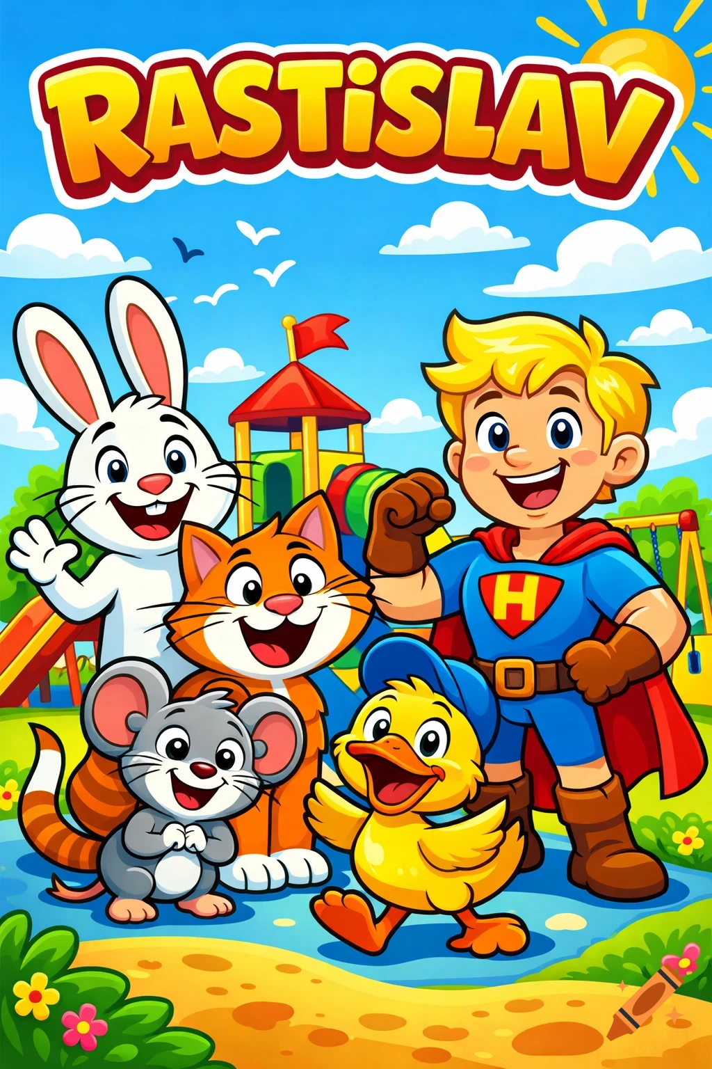 A colorful children's cartoon features a blond superhero boy with an "H" on his chest, a rabbit, cat, mouse, and duck in a playground under a sunny sky with the name "RASTISLAV" at the top.