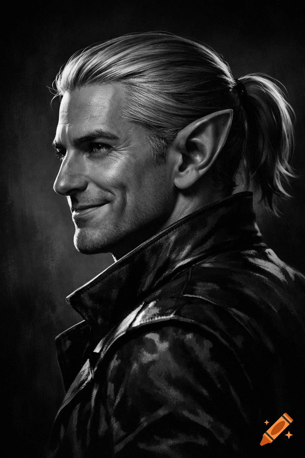 Monochrome profile portrait of a smiling blond male elf with pointy ears and hair in a ponytail, wearing a leather jacket.