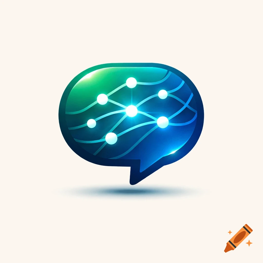 A glossy, gradient blue and green speech bubble icon with a glowing white network of connected nodes inside, on a light background.
