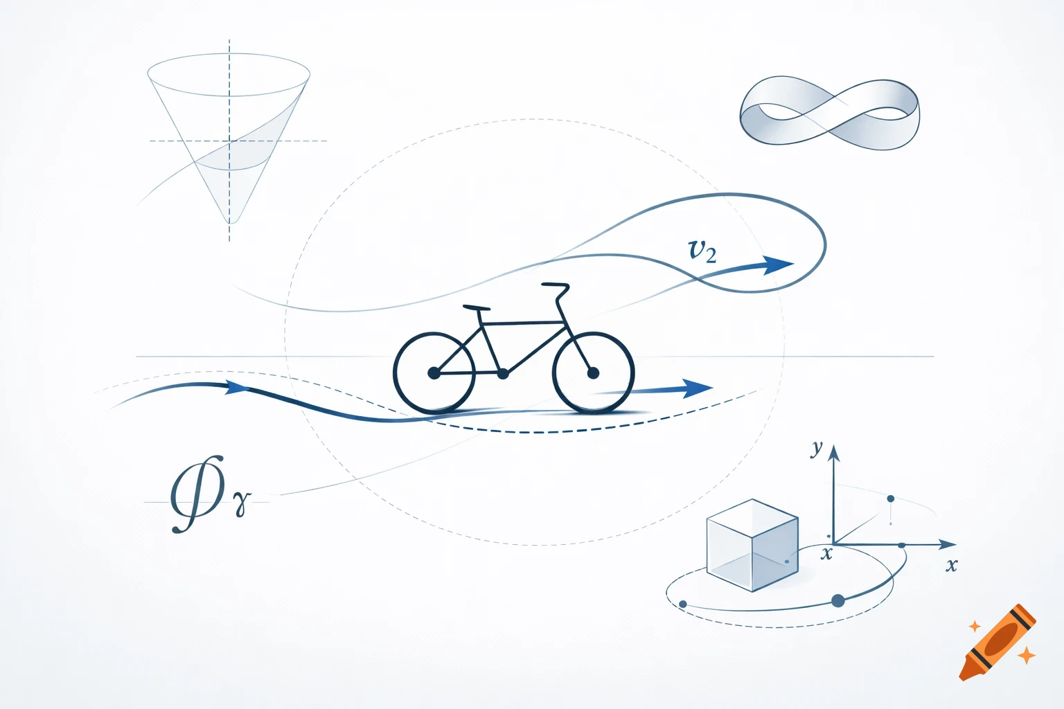 A clean, modern scientific diagram featuring a bicycle with velocity arrows and trajectories, surrounded by mathematical shapes like a cone, a M R bius strip, and a coordinate system.