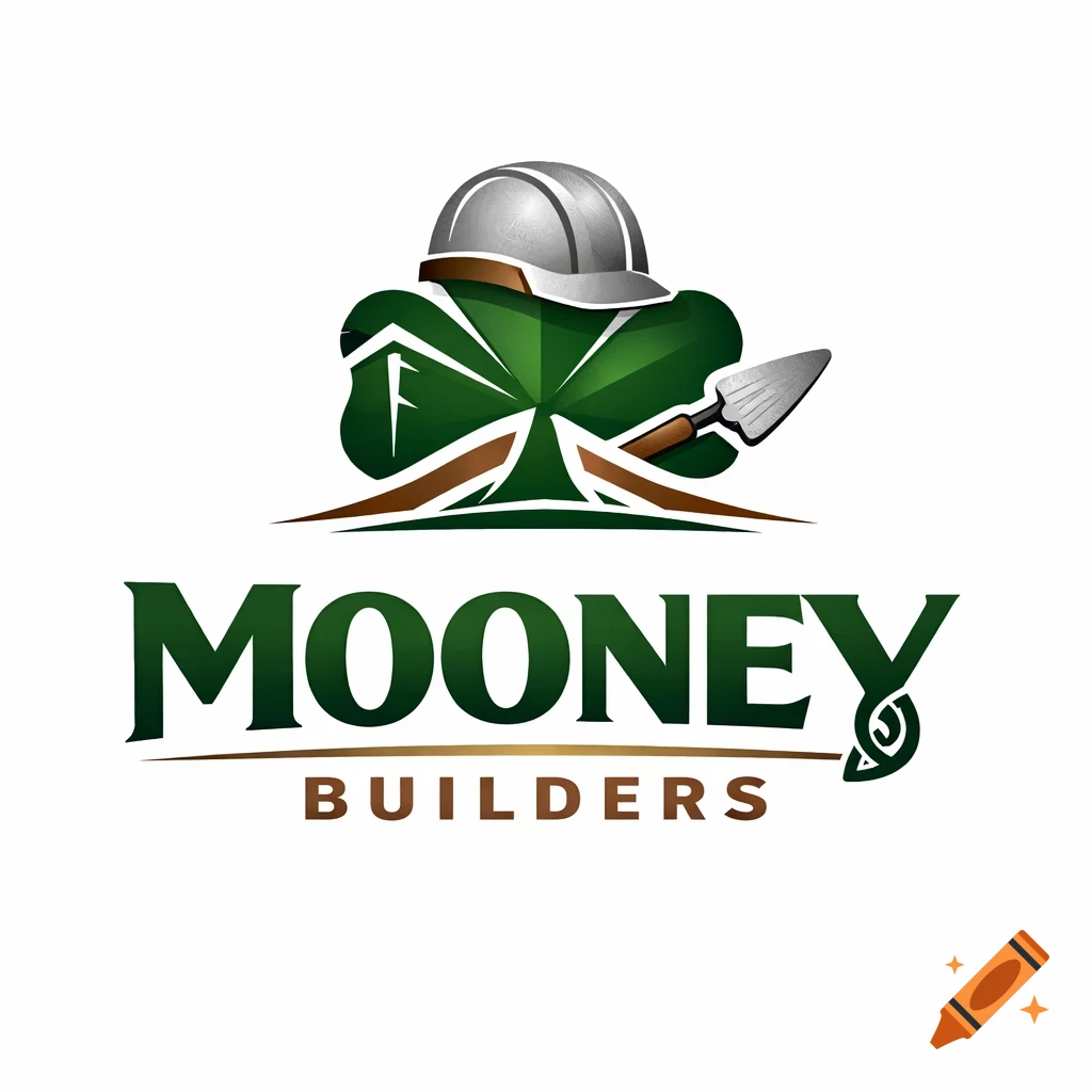 A construction business logo featuring a silver hard hat atop a green shamrock, with a trowel, and 'MOONEY BUILDERS' text.