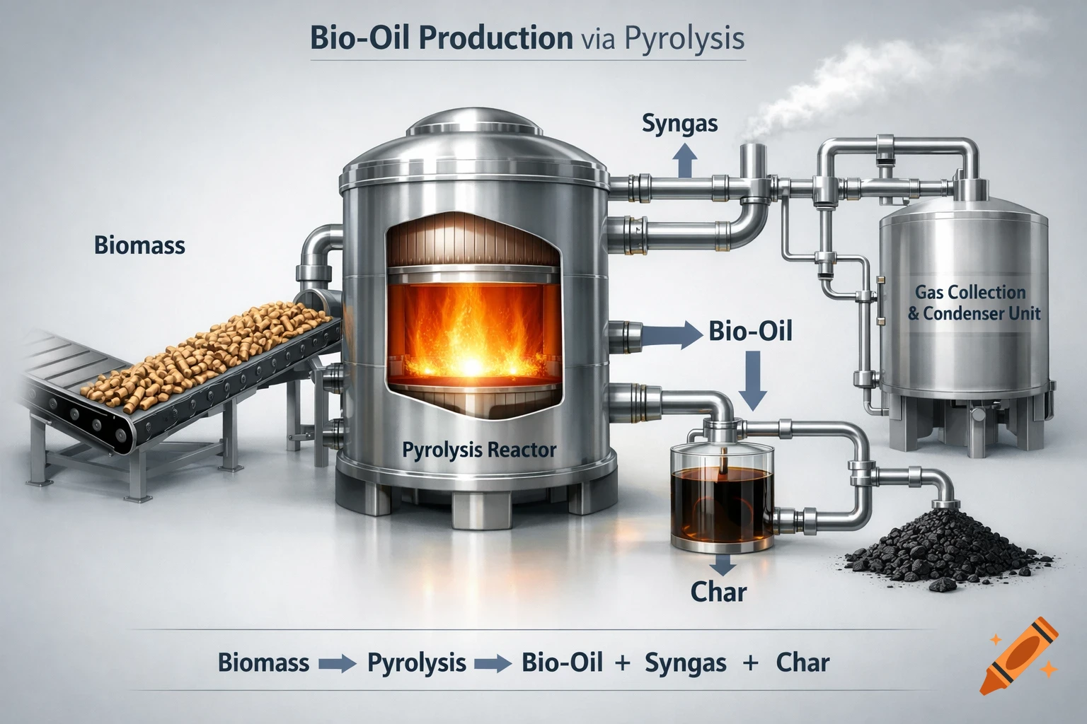 A detailed scientific illustration showing the process of bio-oil production from biomass via pyrolysis, with labeled components and flow.