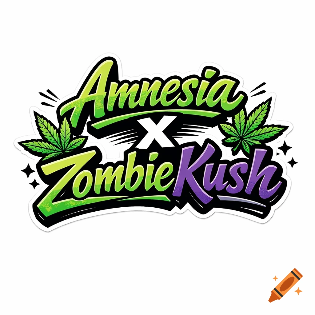 A sticker logo with 'Amnesia X ZombieKush' in green and purple text, flanked by two cannabis leaves on a white background.