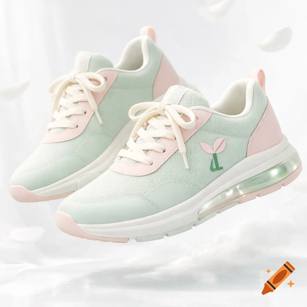 A pair of pastel green and pink women's sneakers with a minimalist flower logo and a visible gel sole, floating in a light, airy setting.