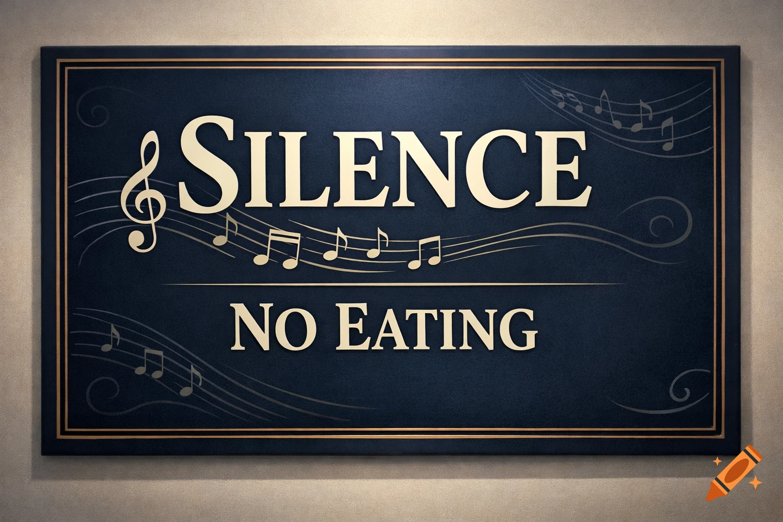 A dark blue sign with a golden border and musical notes, displaying the words 'SILENCE' and 'NO EATING' in cream-colored 3D letters.