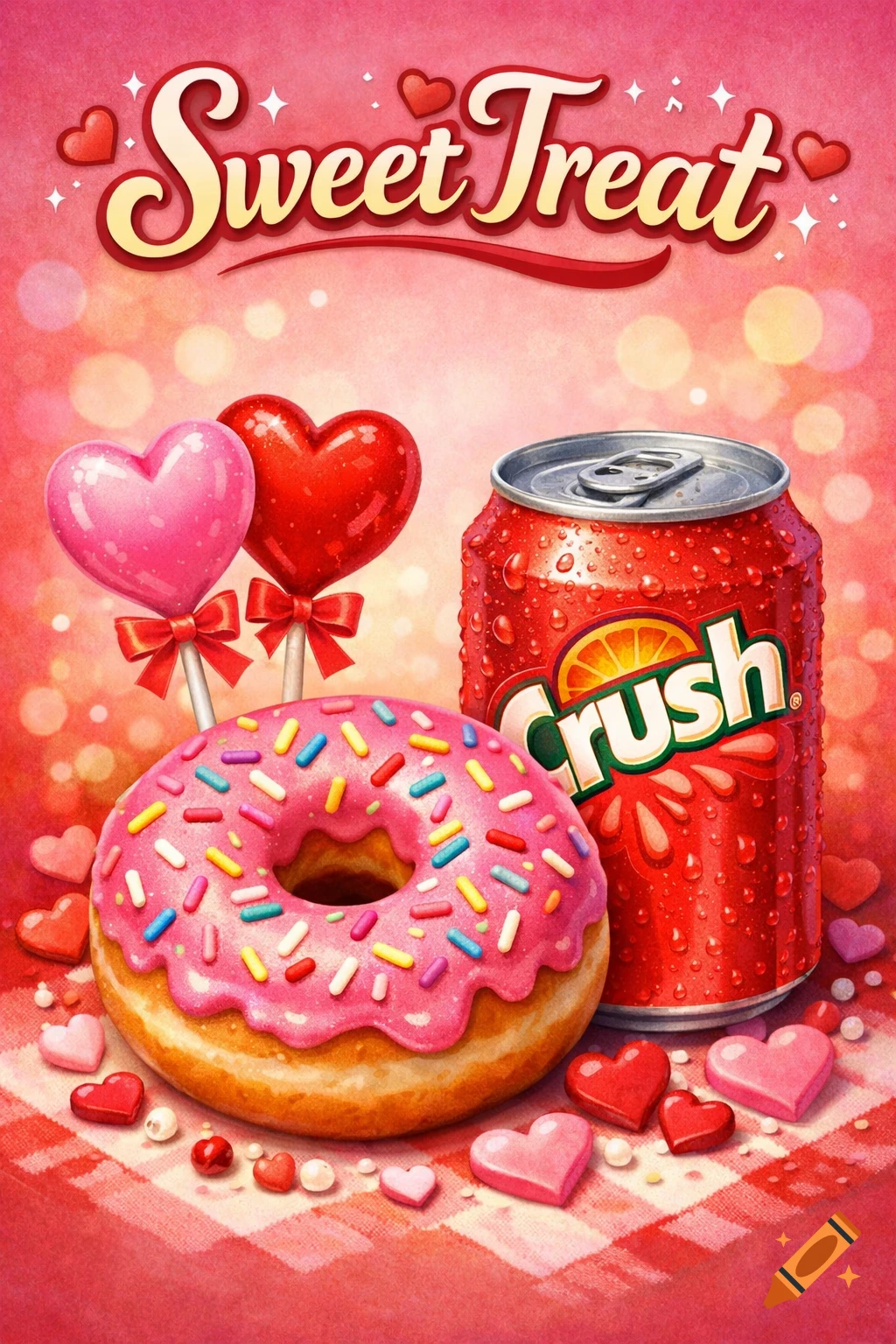 A Valentine's Day illustration featuring a pink donut with sprinkles, two heart lollipops, a wet Crush soda can, and 'Sweet Treat' text.