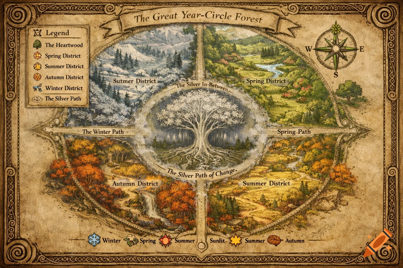A hand-drawn fantasy map called 'The Great Year-Circle Forest,' depicting four seasonal districts around a central silver tree.