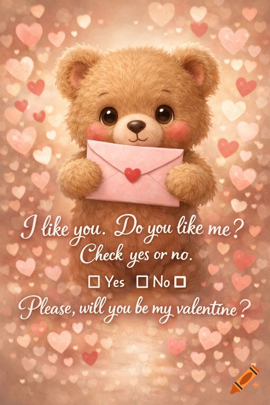 A cute fluffy teddy bear holds a pink envelope, surrounded by bokeh hearts. Text reads: 'I like you. Do you like me? Check yes or no. Please, will you be my valentine?'