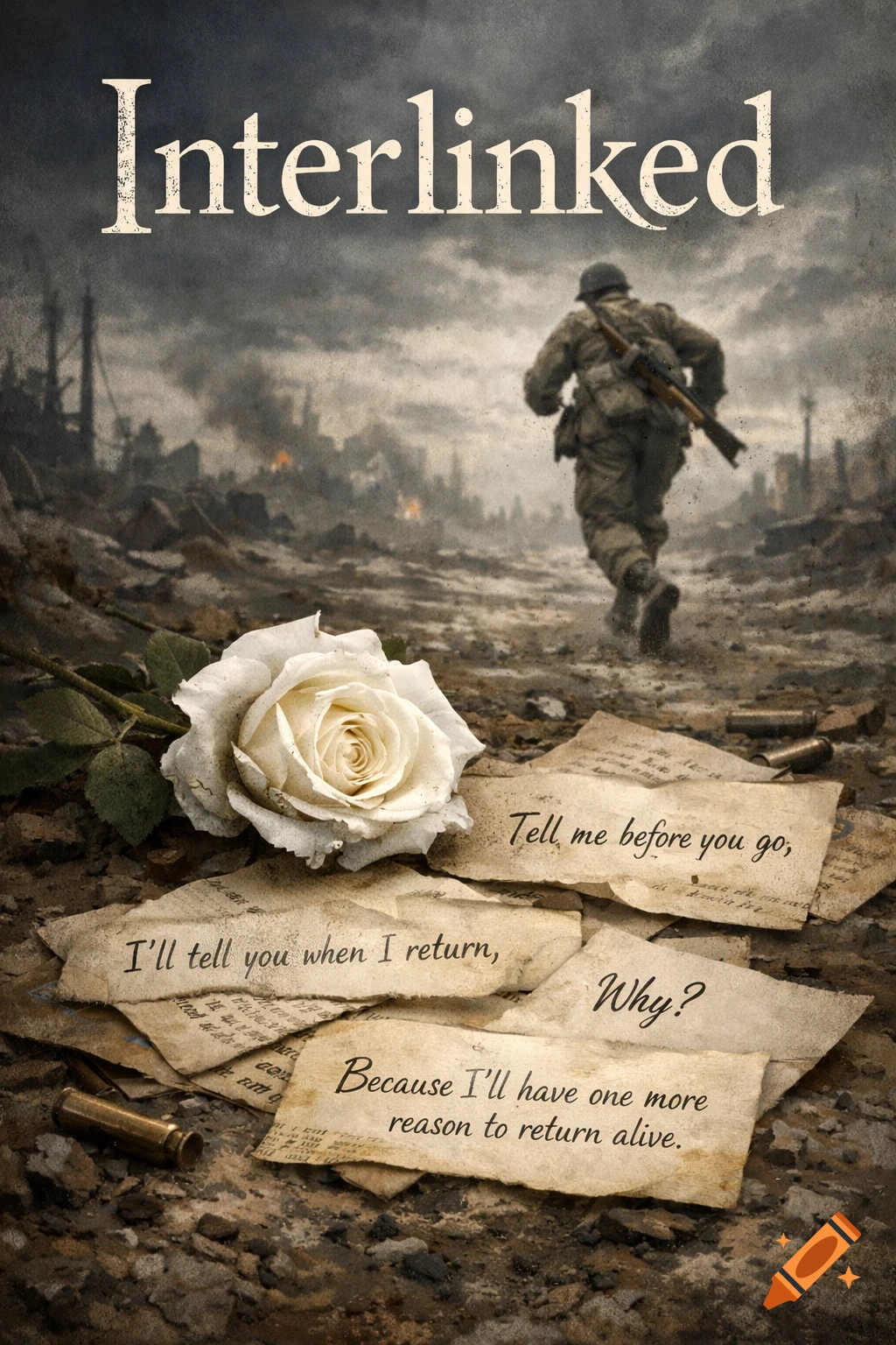 Dramatic book cover with a soldier running in a war-torn landscape, a white rose, and letters with text about returning alive.