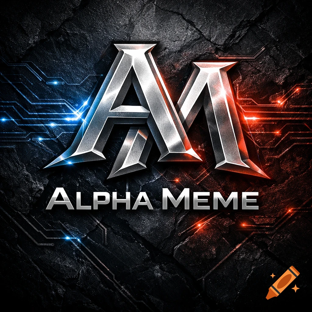 Metallic 'AM' logo with 'ALPHA MEME' text over a dark, rocky background with blue and red glowing tech patterns.