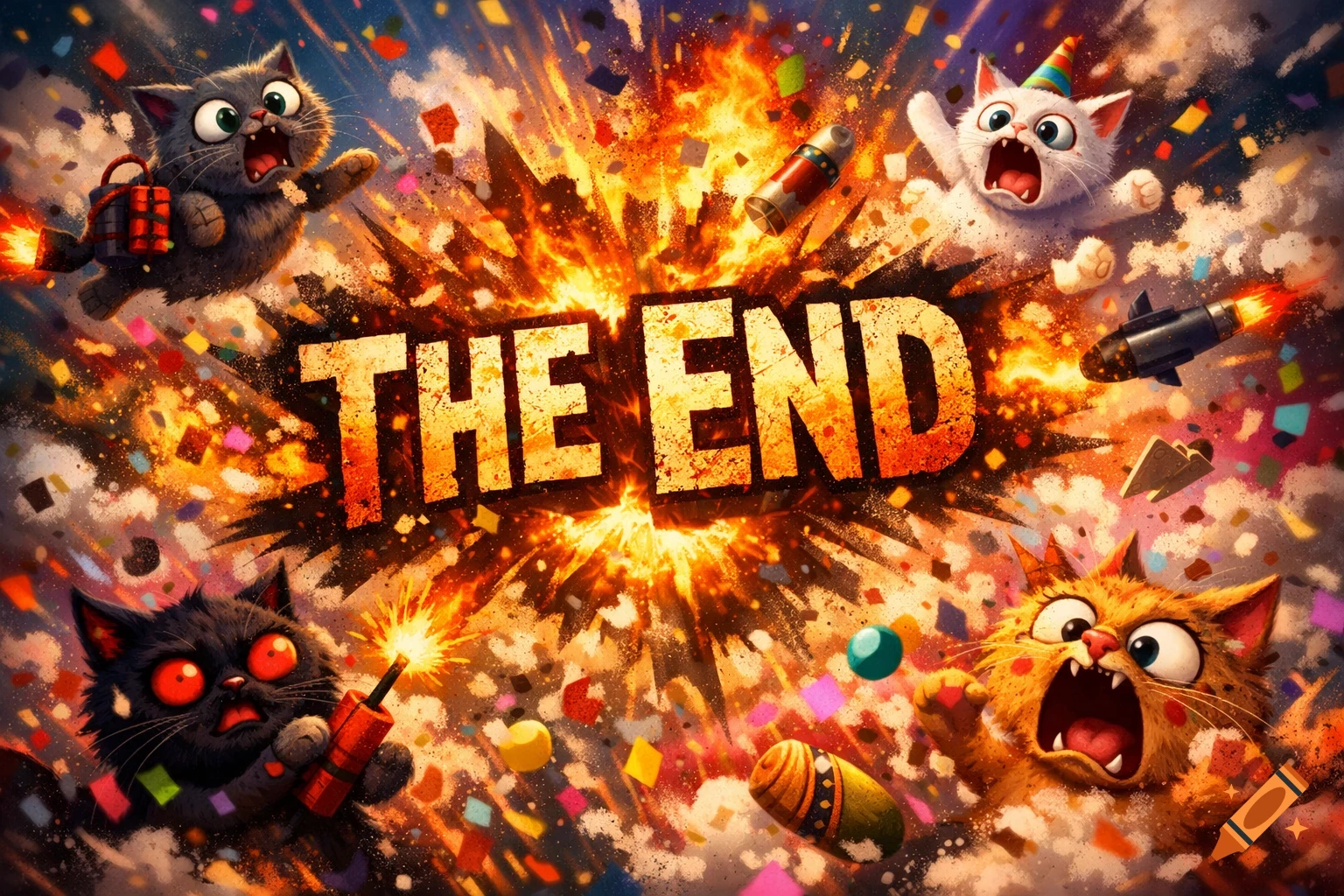 Cartoon cats in a chaotic explosion with fire, confetti, rockets, and 'THE END' text in the center.