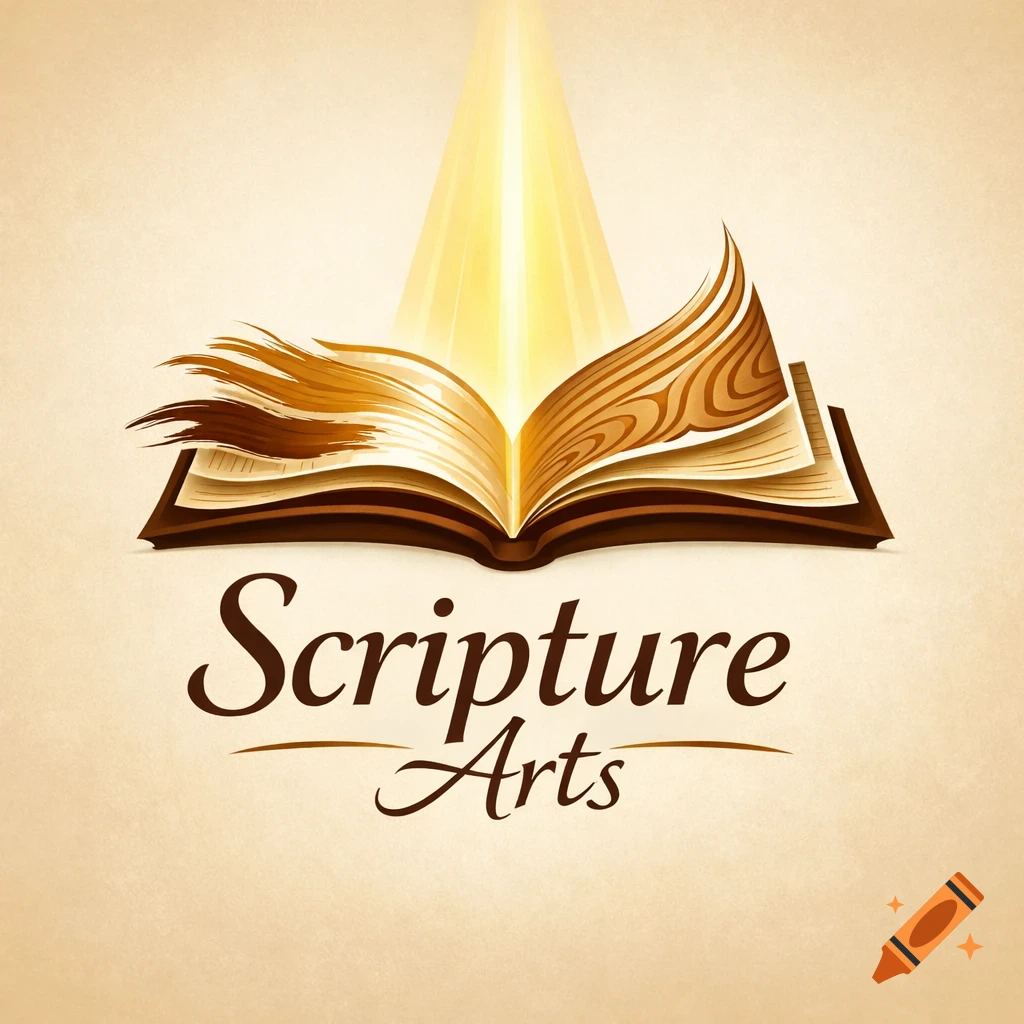 A stylized logo featuring an open book with pages fanning out like wings or feathers, emitting a bright golden light upwards. Below it, the words "Scripture Arts" are written in elegant script.