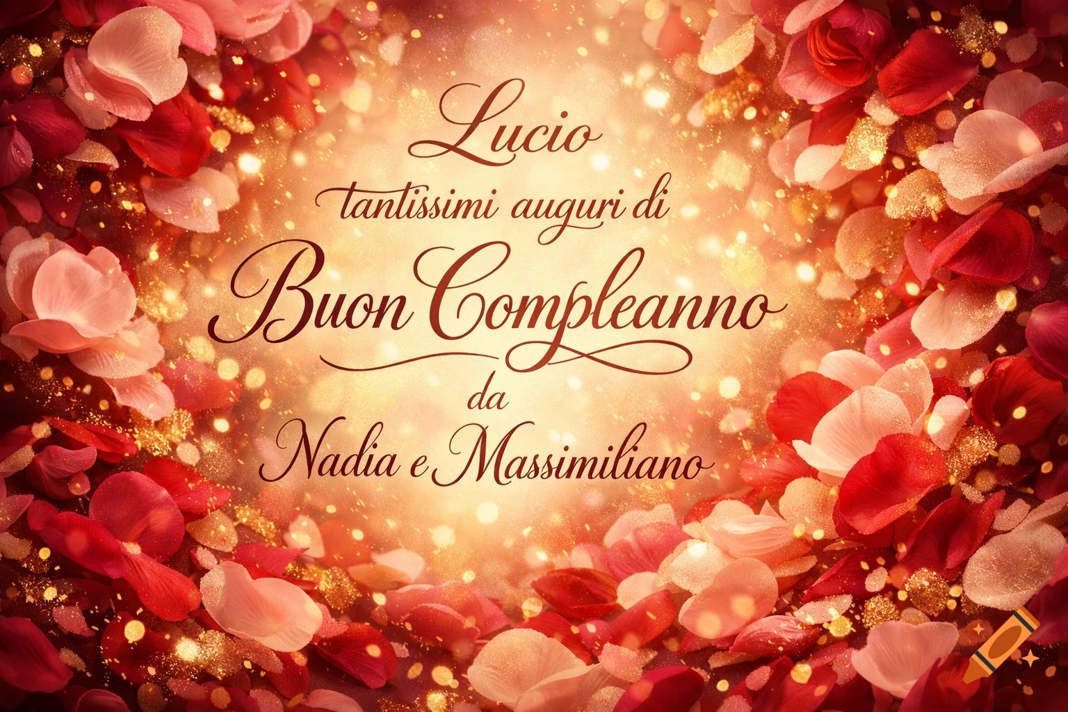 Birthday card with 'Buon Compleanno' text, surrounded by red and pink rose petals and golden glitter.