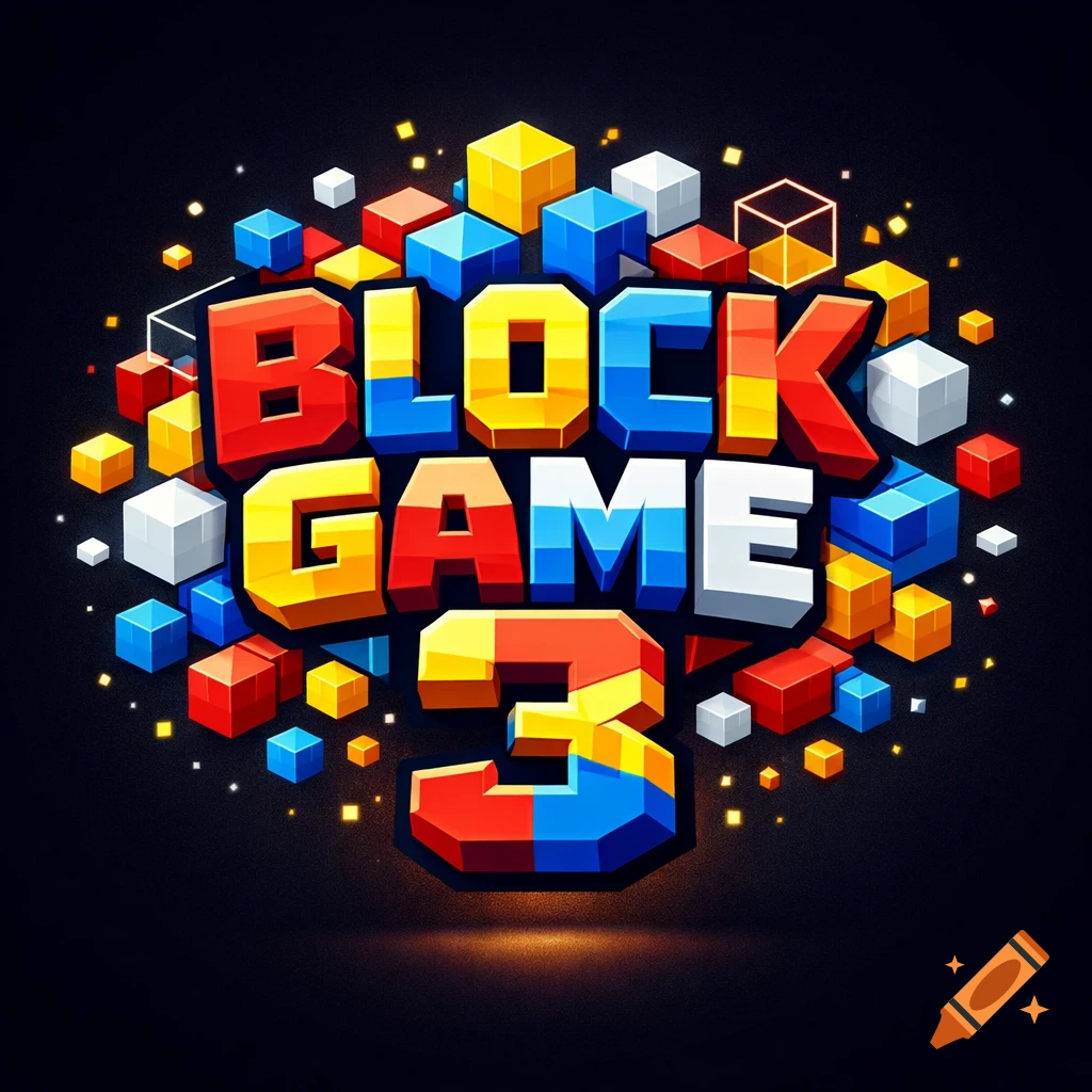 A vibrant 3D logo for 'Block Game 3' with colorful block letters and scattered cubes on a dark background.