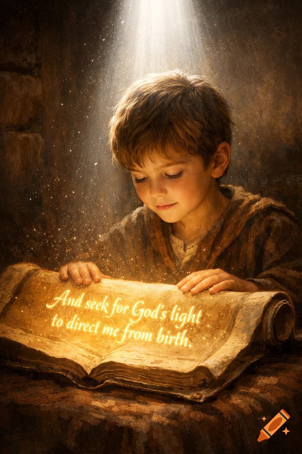 A young boy reads a glowing scroll with the text 'And seek for God’s light to direct me from birth,' bathed in a divine light.