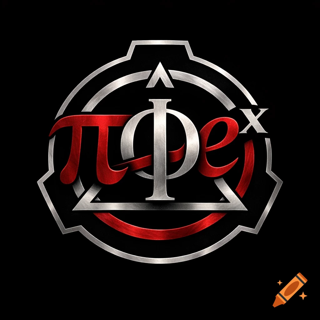 A metallic logo inspired by the SCP Foundation, featuring stylized red mathematical symbols pi and an 'e'-like character intertwined with a silver phi and an 'x' symbol, all within a gear-like frame on a black background.