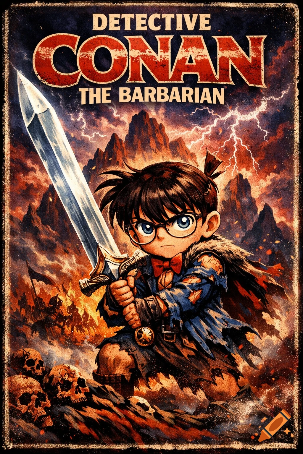 Stylized movie poster with child-like Detective Conan as a barbarian holding a sword in a fiery battle with skulls and lightning.