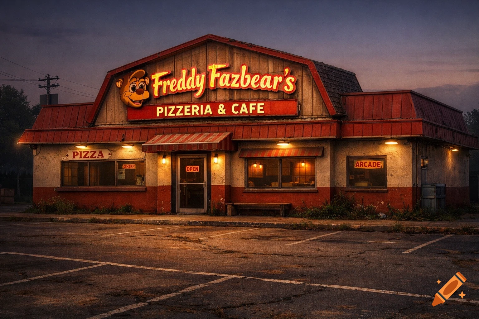 An abandoned Freddy Fazbear's Pizzeria & Cafe building in an 80s/70s style, lit by neon signs at dusk, with a cracked parking lot.