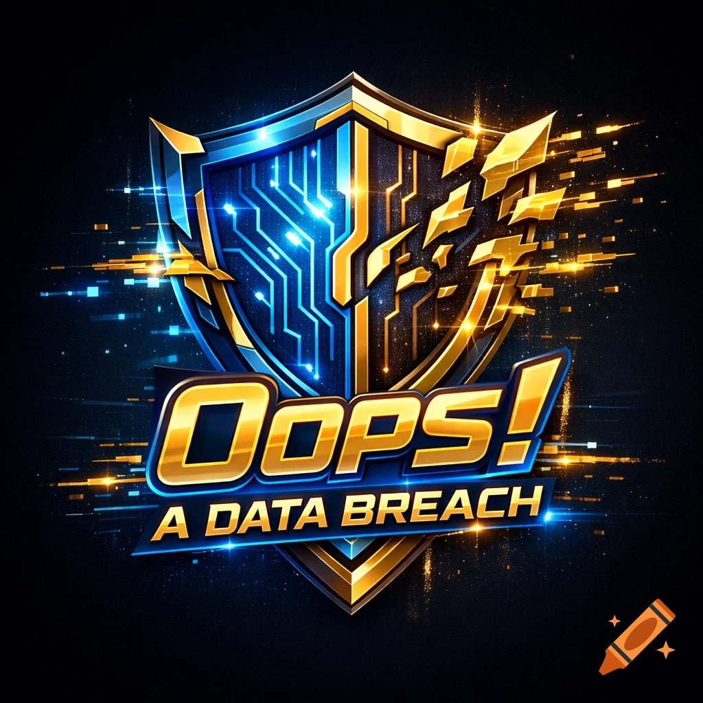 Futuristic blue and gold shield logo with circuit board design and digital light effects, featuring the text "Oops! A Data Breach".