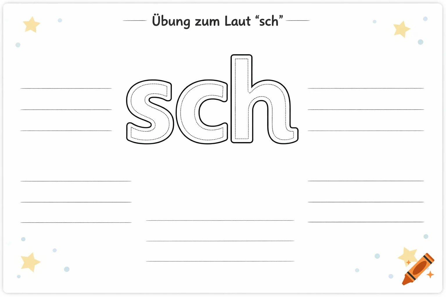 German language worksheet with 'Übung zum Laut 'sch'' at the top, a large 'sch' for tracing, blank lines, and small stars.